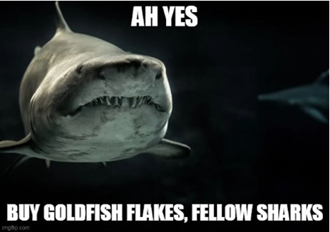 A sponsored ad in which a shark is selling goldfish flakes