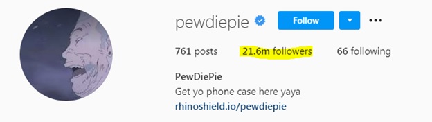 screenshot displaying Pewdiepie's massive following on Instagram alone, which can be a great social media marketing opportunity for the most relevant businesses.