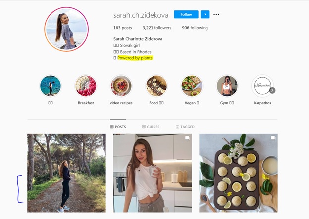 screenshot of a micro influencer with high relevance to women's vegan leggings that can help a business meet its social media marketing goals.