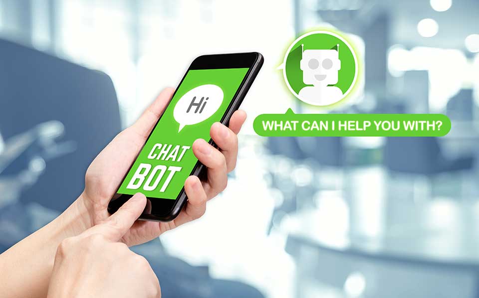 chat with bot on mobile message app with blur office background,artificial intelligence (ai)