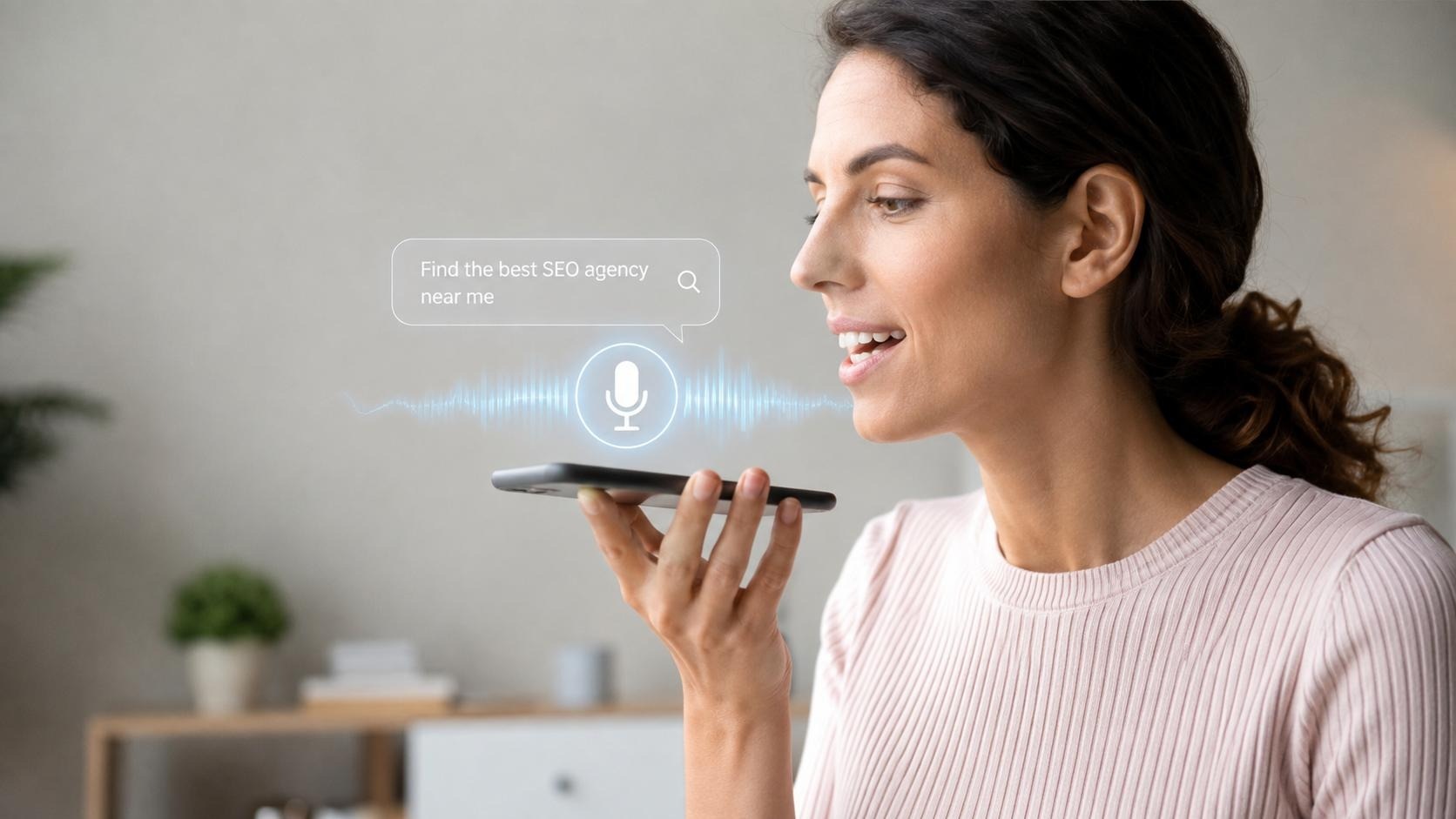 Woman using voice search on her phone to find the best SEO agency near her