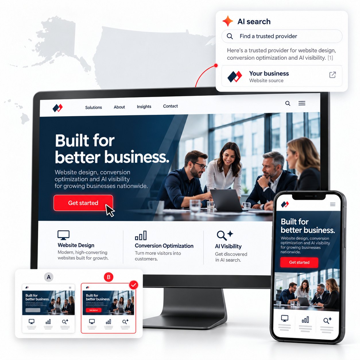 Website design, conversion optimization and AI visibility: a business website shown on desktop and phone, with an AI search answer citing it as a trusted provider